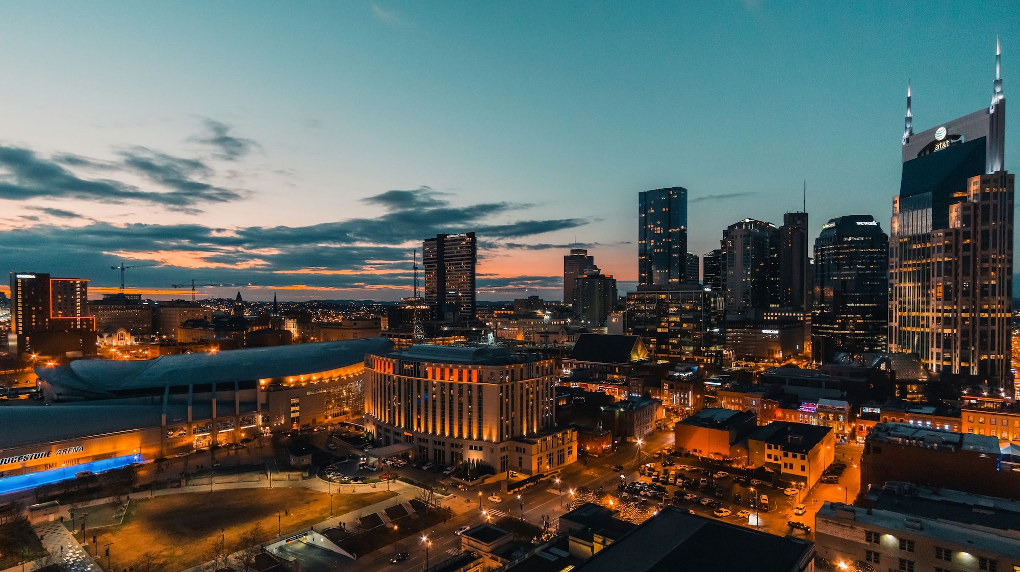 Downtown Nashville Skyline at Dusk with city lights
