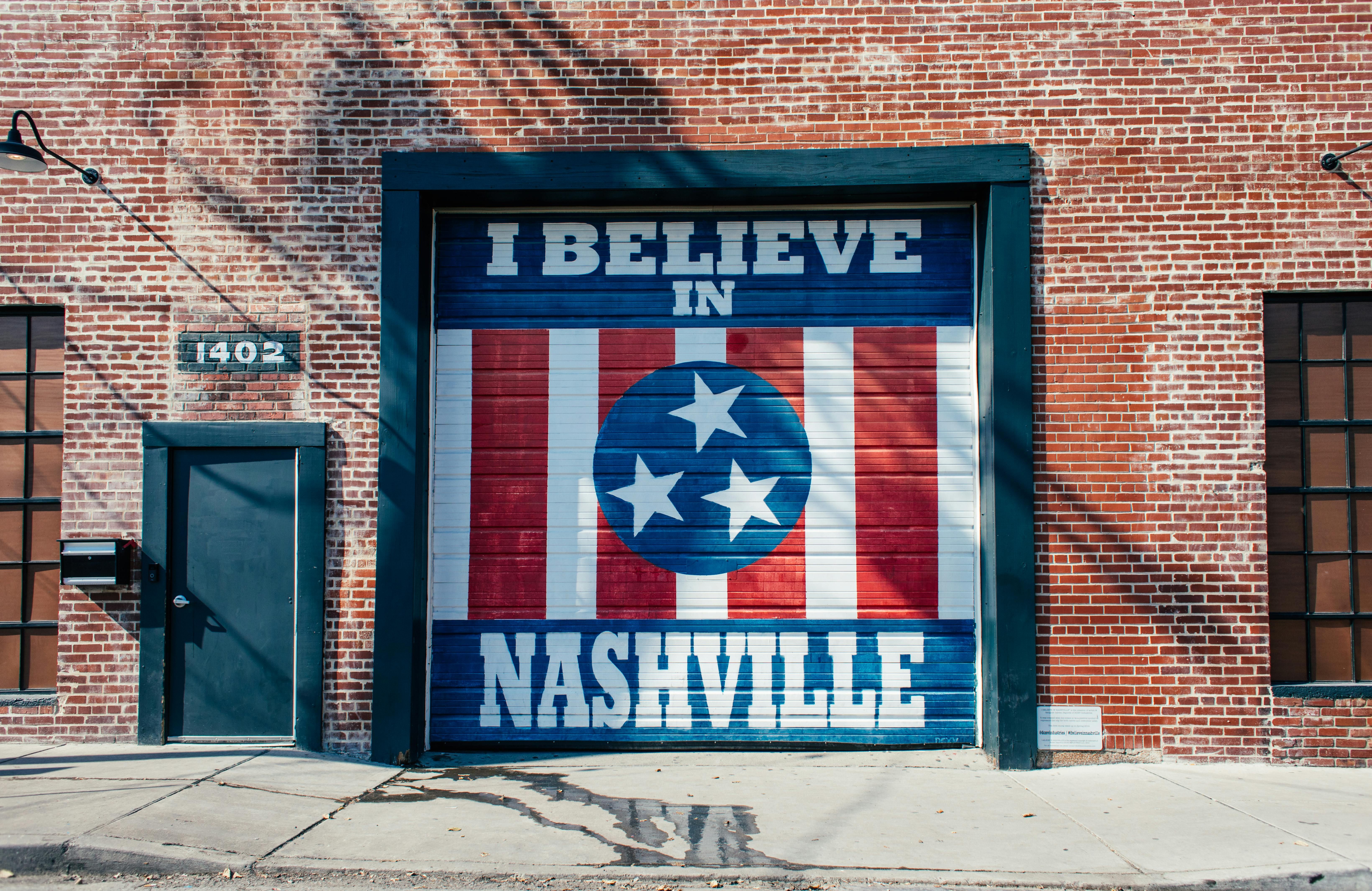 I Believe In Nashville mural on a painted garage in Germantown.