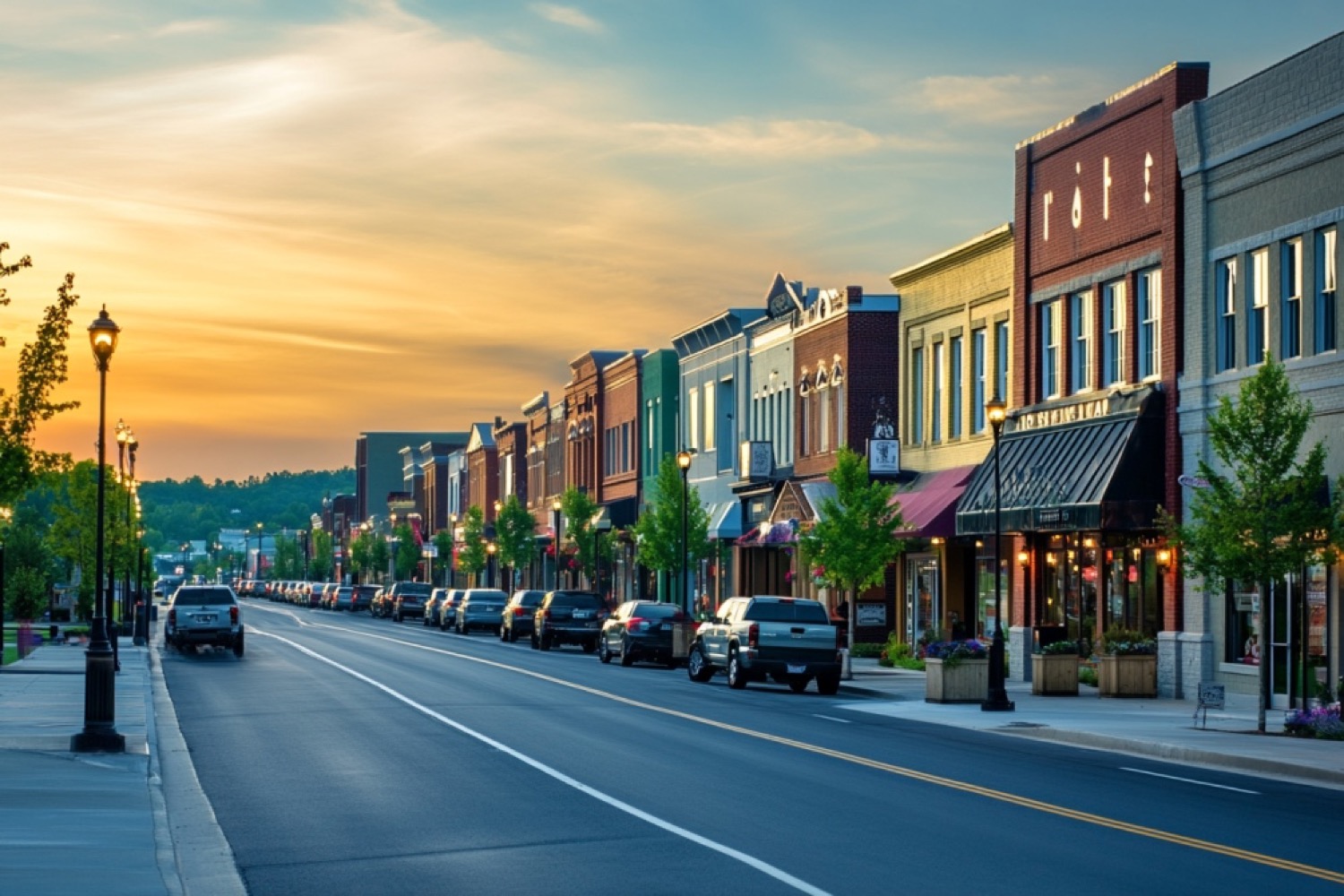 Tree-lined Smyrna streetscape with local storefronts at sunset.